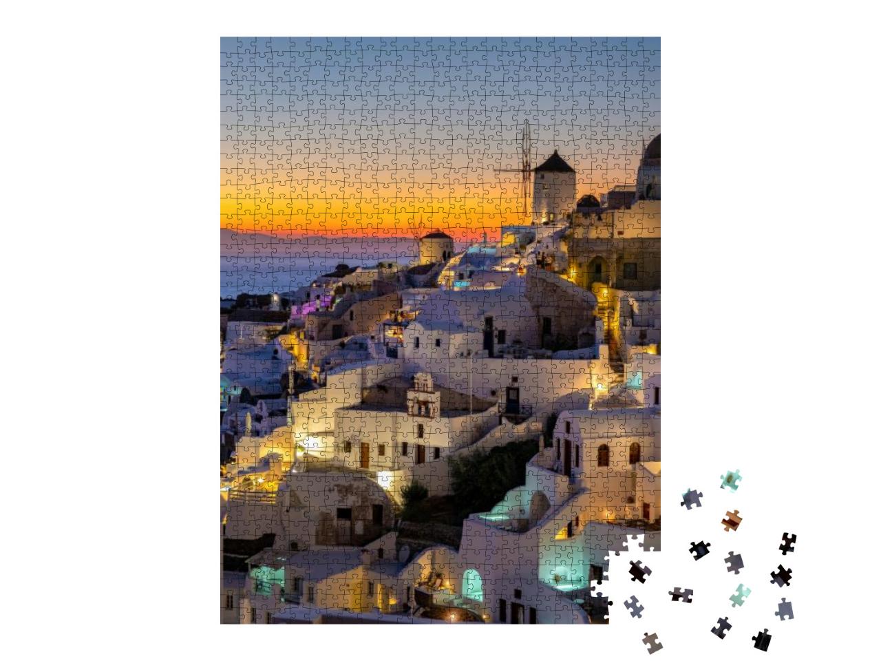 Sunset At the Island of Santorini Greece, Beautiful White... Jigsaw Puzzle with 1000 pieces