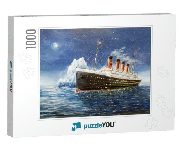 Original Oil Painting of Titanic & Iceberg in Ocean At Ni... Jigsaw Puzzle with 1000 pieces