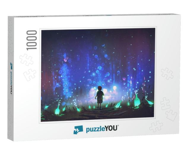 Night Scenery of Boy Walking on the Floor Among Many Glow... Jigsaw Puzzle with 1000 pieces