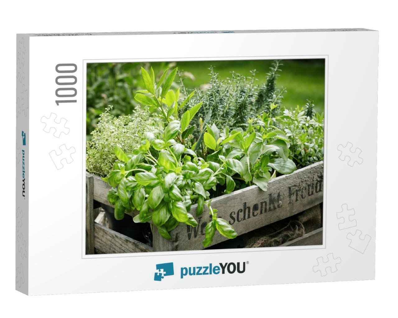 Wooden Crate with a Variety of Fresh Green Potted Culinar... Jigsaw Puzzle with 1000 pieces