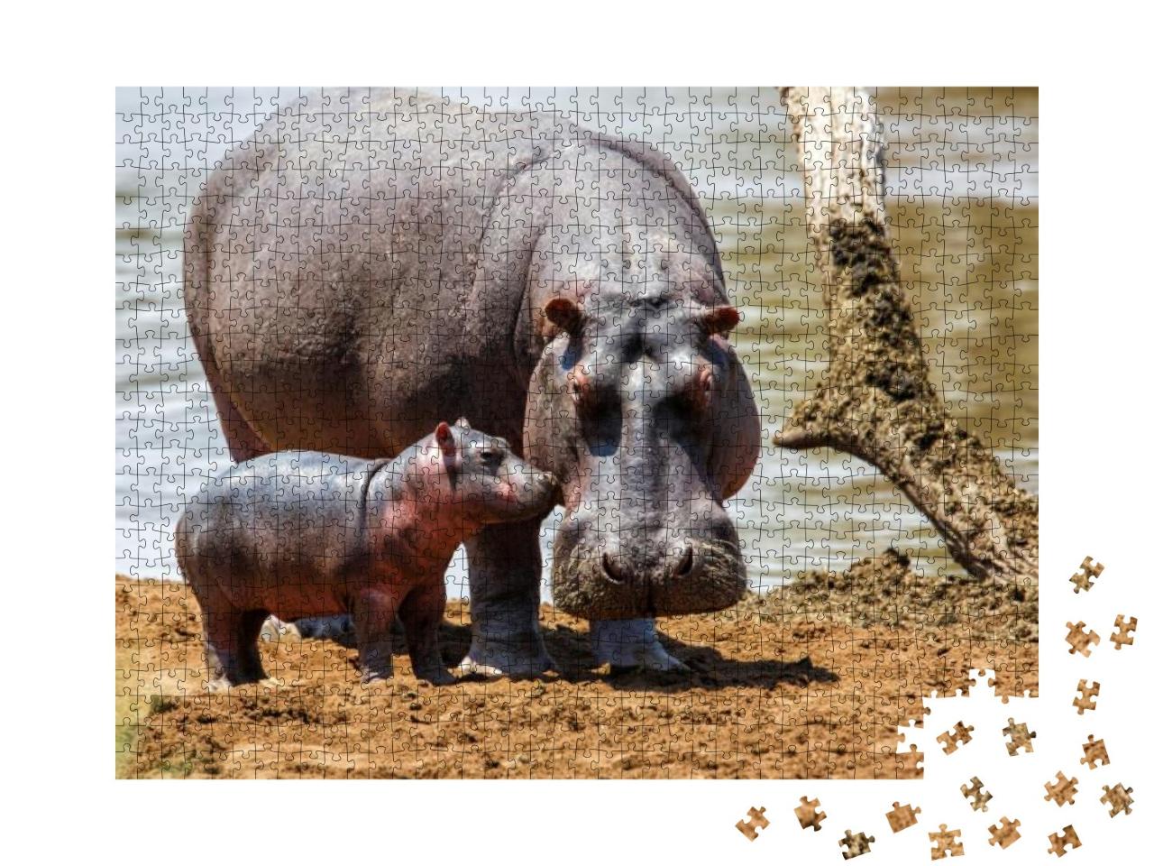 Hippo Mother with Her Baby in the Masai Mara National Par... Jigsaw Puzzle with 1000 pieces