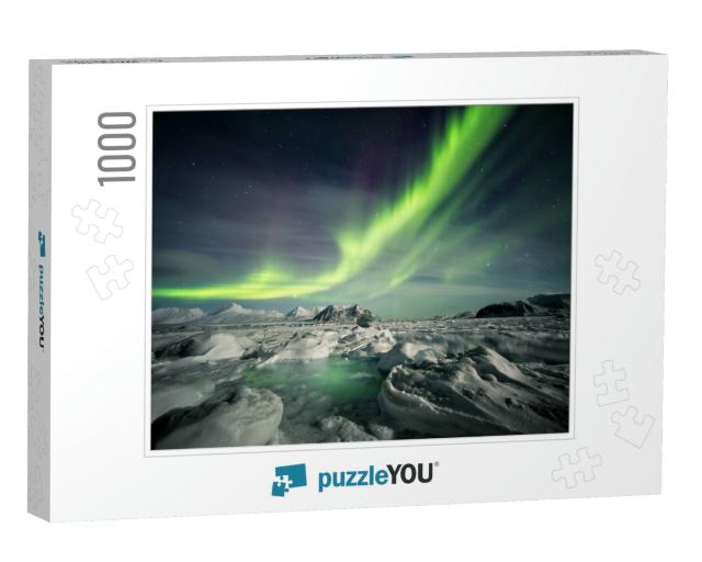 Northern Lights Above the Frozen Arctic Fjord... Jigsaw Puzzle with 1000 pieces
