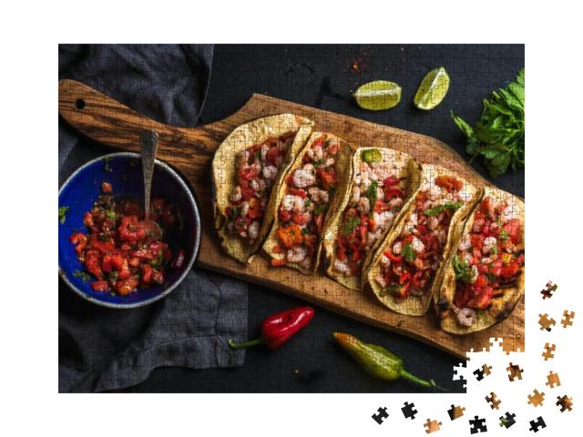 Shrimp Tacos with Homemade Salsa, Limes & Parsley on Wood... Jigsaw Puzzle with 1000 pieces