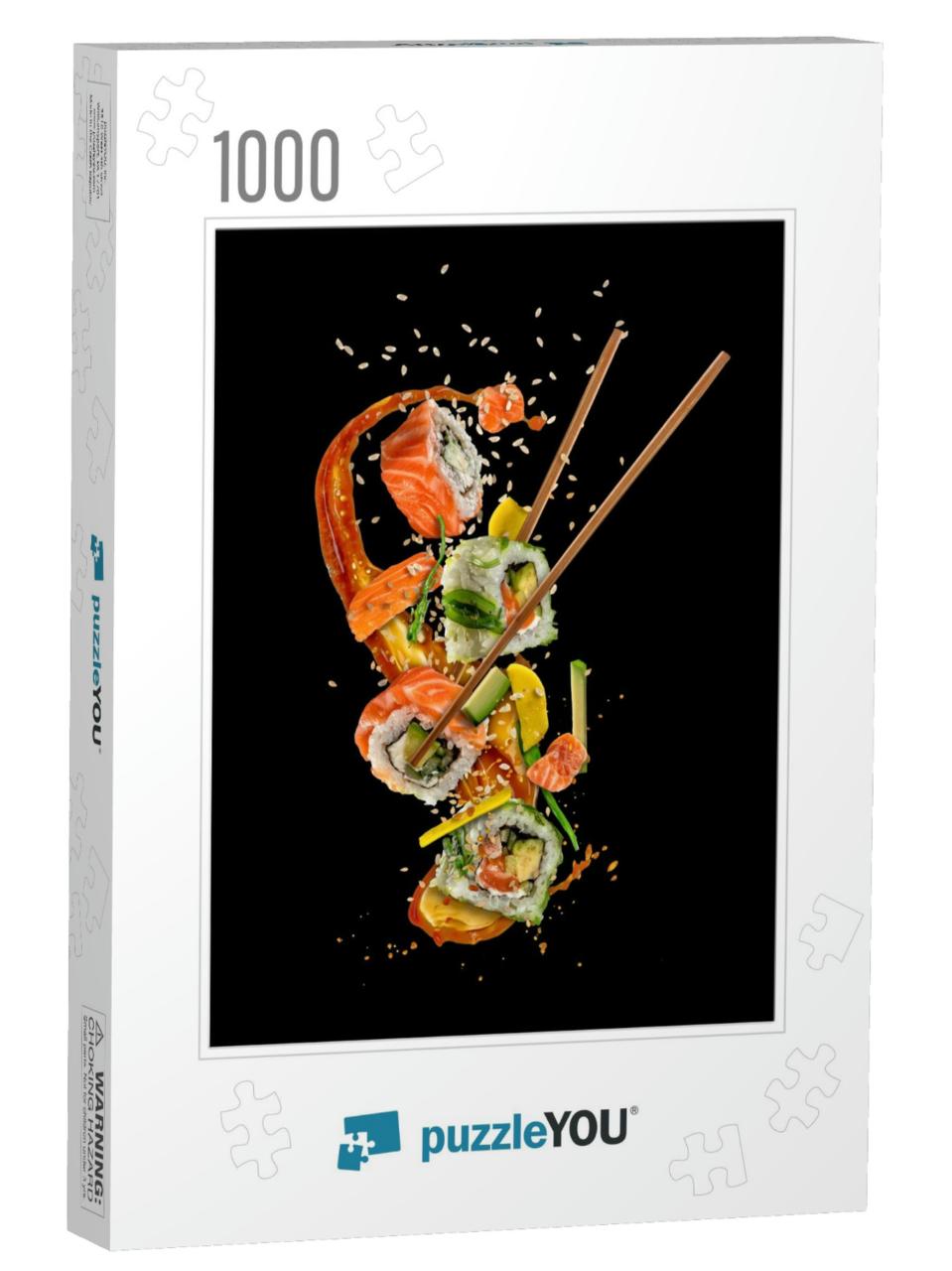 Flying Sushi Pieces Isolated on Black Background. Concept... Jigsaw Puzzle with 1000 pieces