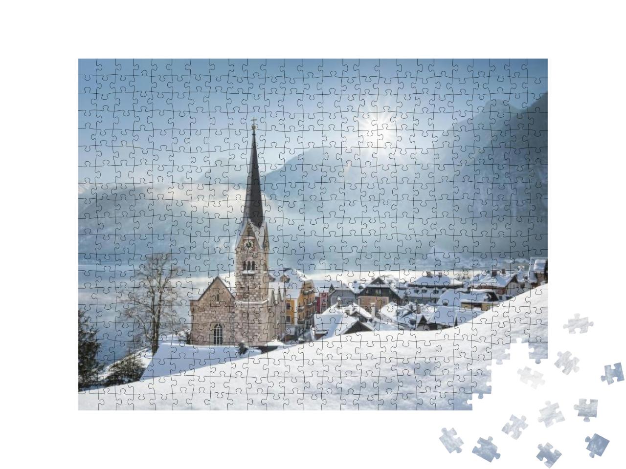 Panoramic View of Famous Hallstatt Lakeside Town During W... Jigsaw Puzzle with 500 pieces