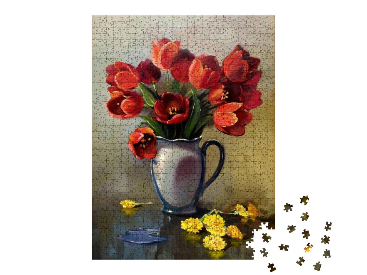 Bouquet of Tulips in a Ceramic Vase & Dandelions on the T... Jigsaw Puzzle with 1000 pieces