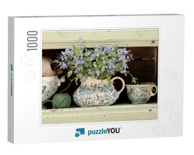 Blue Wild Flowers in Antique, Vintage Pitcher, Big Cup on... Jigsaw Puzzle with 1000 pieces