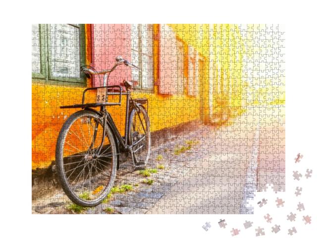 Old Yellow House of Nyboder District with a Bicycle. Old... Jigsaw Puzzle with 1000 pieces