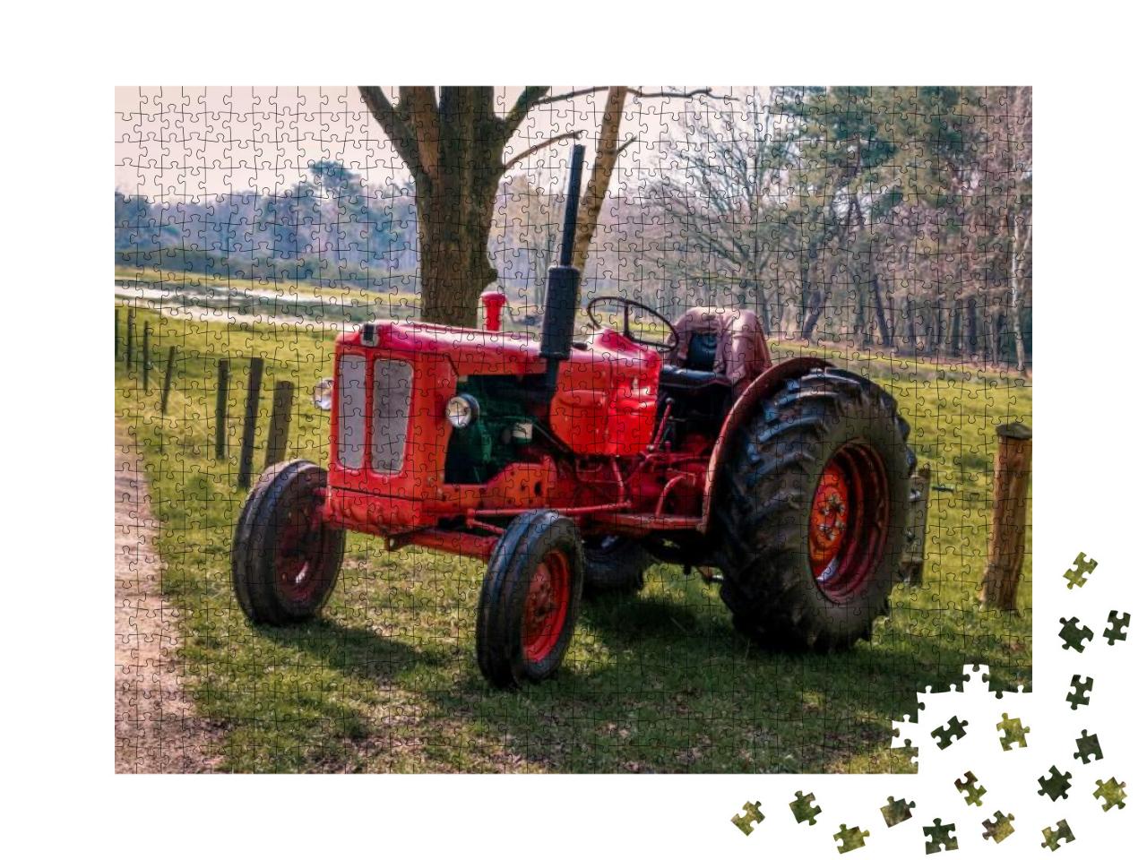 Old Red Vintage Tractor on the Land in the Beautiful Land... Jigsaw Puzzle with 1000 pieces