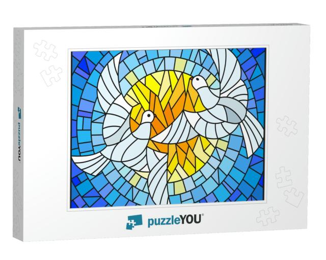 Illustration in Stained Glass Style with a Pair of White... Jigsaw Puzzle