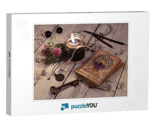Black Candle & Old Tarot Cards on Wooden Planks... Jigsaw Puzzle