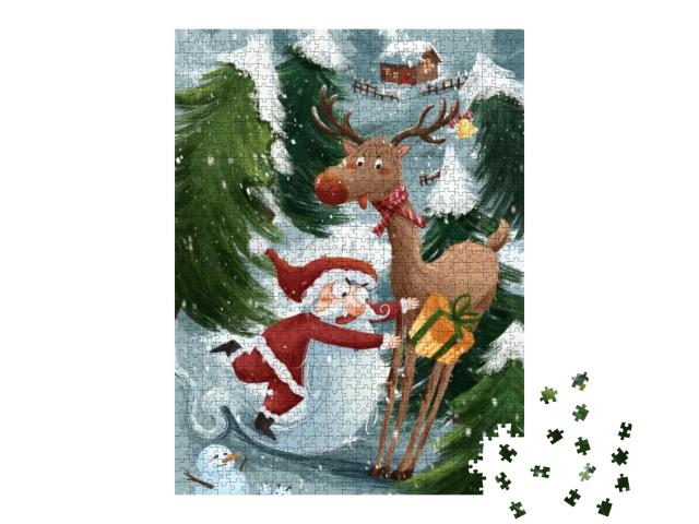 Funny Christmas Illustration Including Santa Claus & Reindeer... Jigsaw Puzzle with 1000 pieces