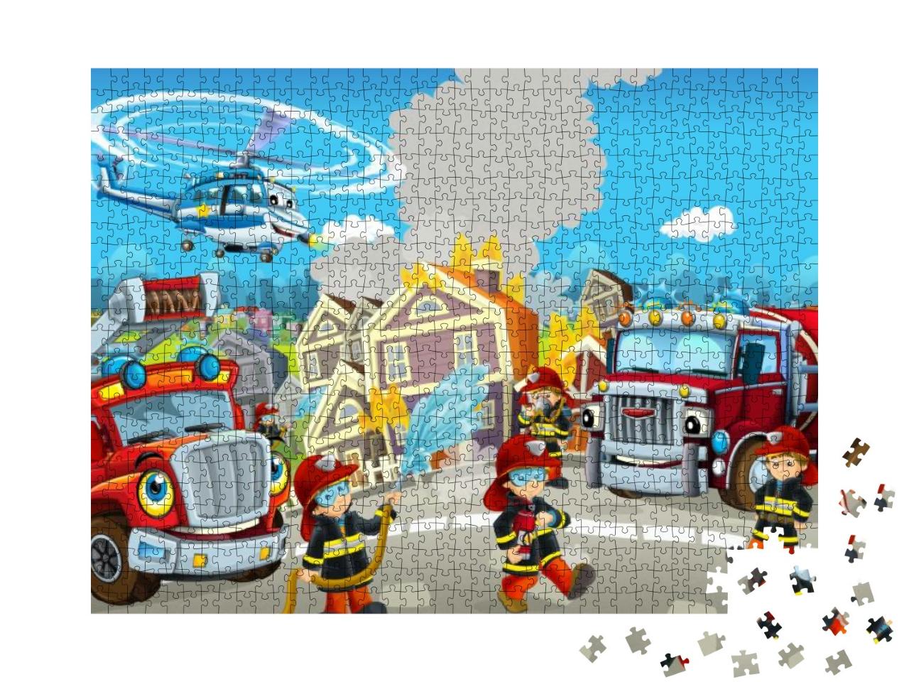 Cartoon Happy & Funny City Scene with Firemen & Different... Jigsaw Puzzle with 1000 pieces
