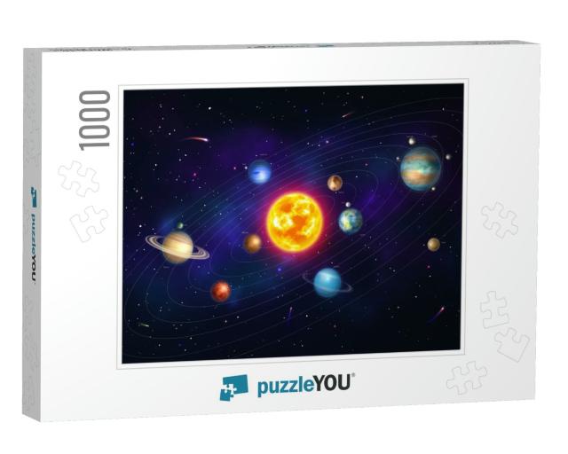 Colorful Solar System with Nine Planets Which Orbit Sun... Jigsaw Puzzle with 1000 pieces