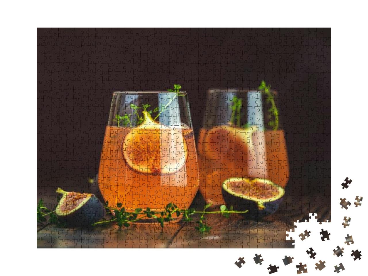 Pink Cocktail with Fig, Thyme & Ice in Glass on Dark Wood... Jigsaw Puzzle with 1000 pieces