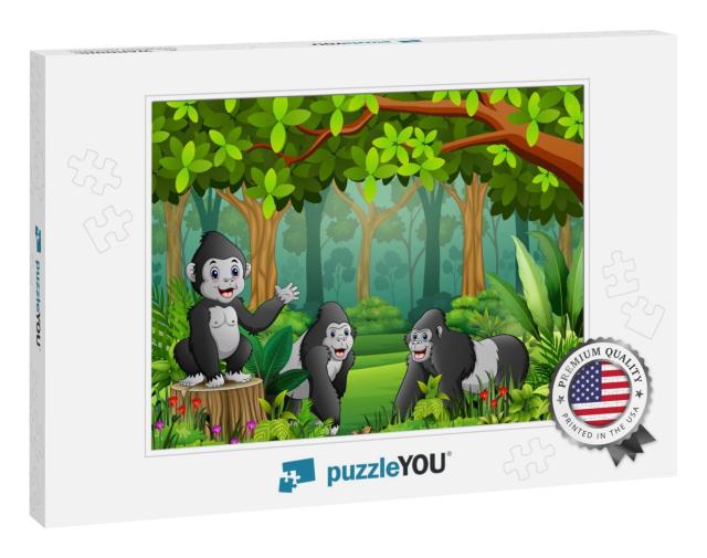 A Group of Gorillas with a View of the Green Forest... Jigsaw Puzzle