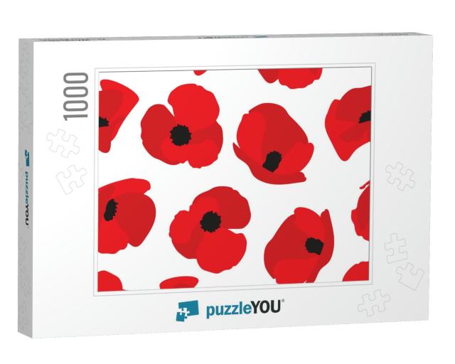 Poppy Flower Seamless Pattern. Red Poppies on White Backg... Jigsaw Puzzle with 1000 pieces