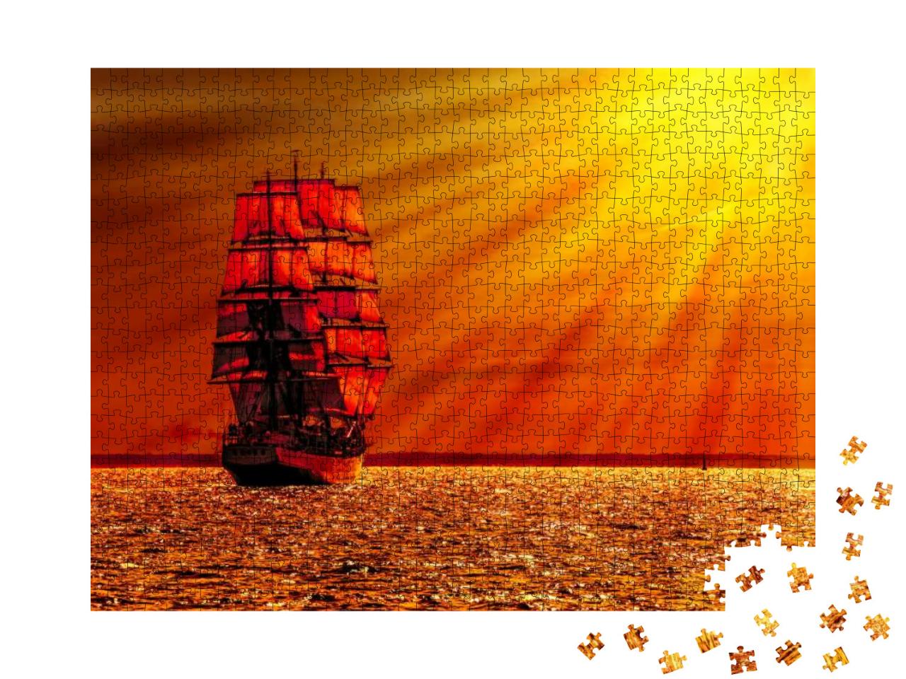 Sailing Ship on the Sea At Sunset Skyline... Jigsaw Puzzle with 1000 pieces