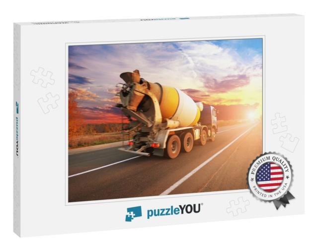 Blue Concrete Mixer Truck on the Countryside Road with Tr... Jigsaw Puzzle