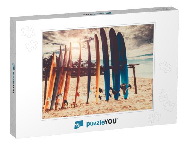 Surfboards, Many Different Surf Boards on the Beach, Wate... Jigsaw Puzzle