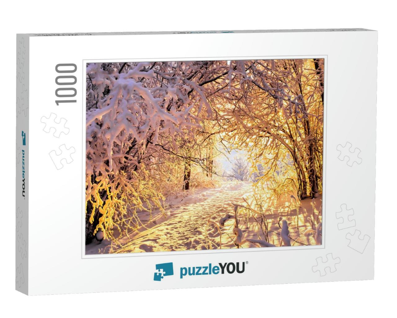 Winter Forest Tree Tunnel Snow Sunset Background... Jigsaw Puzzle with 1000 pieces