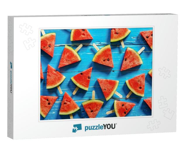 Watermelon Slice Popsicles on a Blue Rustic Wood Backgrou... Jigsaw Puzzle
