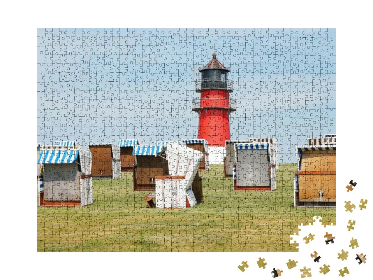 Dike or Dyke with Hooded Beach Chairs & Lighthouse in Bue... Jigsaw Puzzle with 1000 pieces