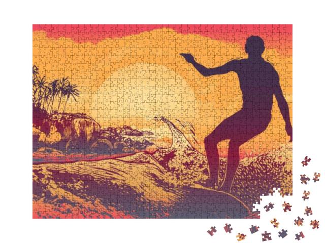 Silhouette Surfer, Big Wave & Tropical Coast with Palm Tr... Jigsaw Puzzle with 1000 pieces