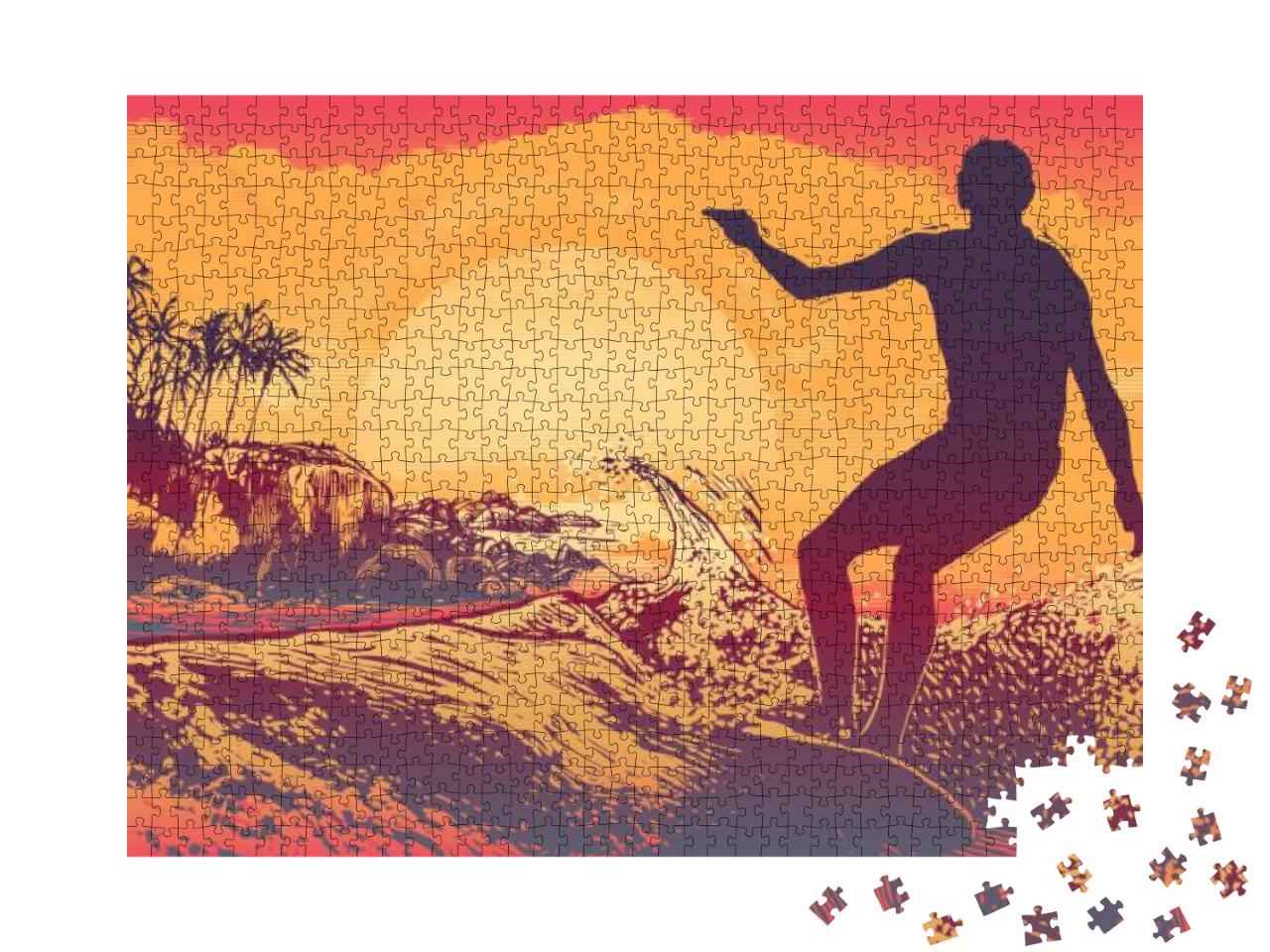 Silhouette Surfer, Big Wave & Tropical Coast with Palm Tr... Jigsaw Puzzle with 1000 pieces