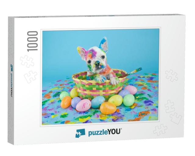 Funny Little French Bulldog Puppy Sitting in an Easter Ba... Jigsaw Puzzle with 1000 pieces