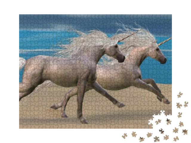 Unicorns - Two White Unicorn Horses Gallop Together in th... Jigsaw Puzzle with 1000 pieces