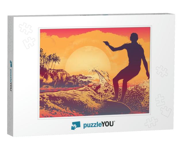 Silhouette Surfer, Big Wave & Tropical Coast with Palm Tr... Jigsaw Puzzle