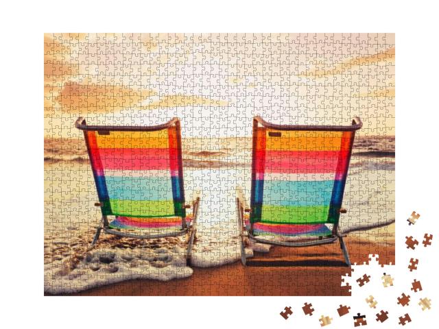 Hawaiian Vacation Sunset Concept, Two Beach Chairs At Sun... Jigsaw Puzzle with 1000 pieces