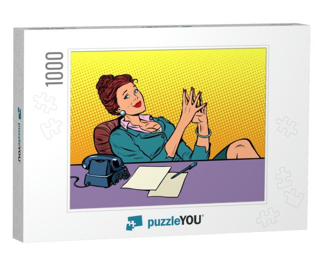 Businesswoman Boss Sitting At the Office Desk. Pop Art Re... Jigsaw Puzzle with 1000 pieces