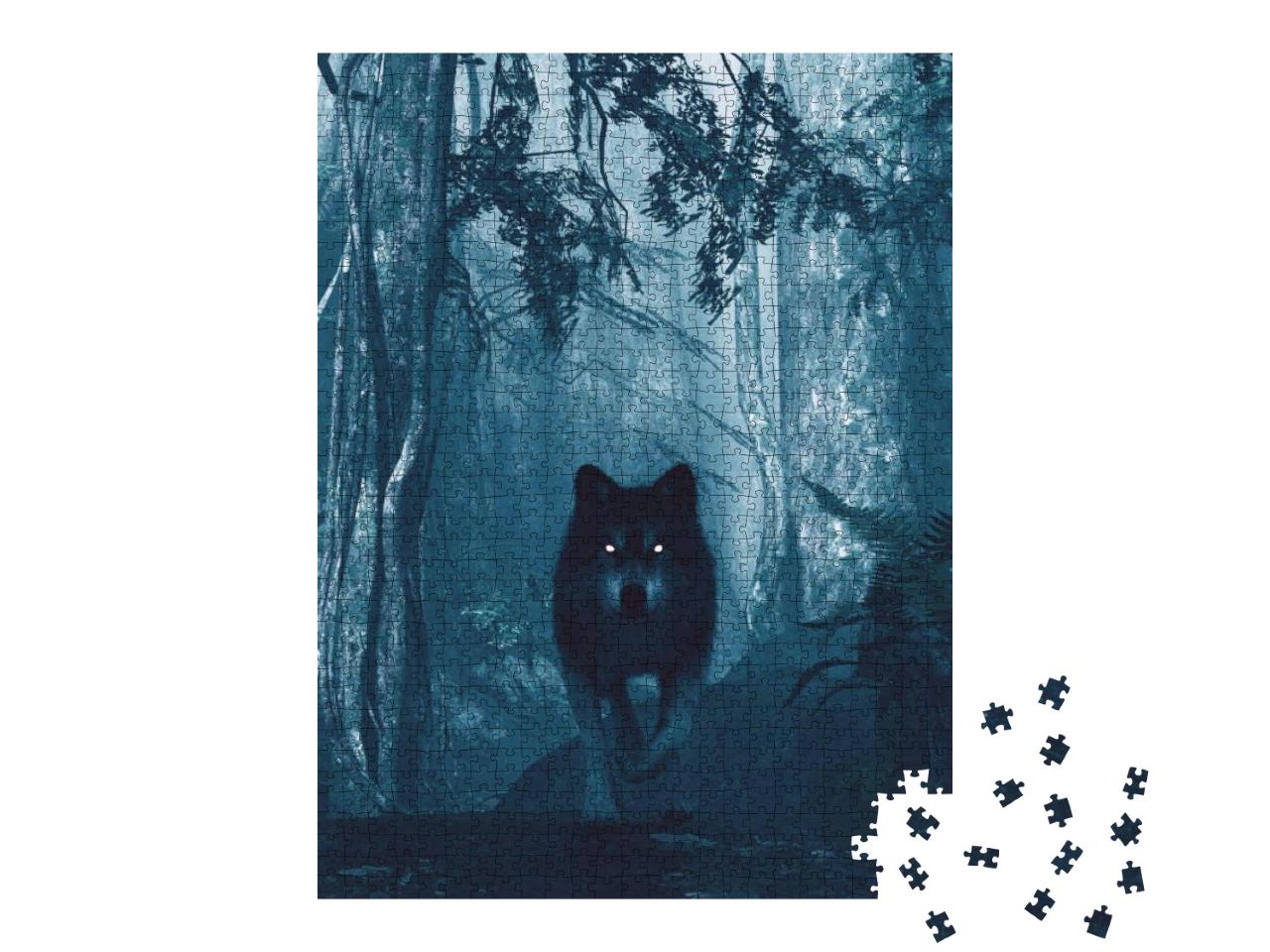 Wolf in the Dark Forest, 3D Illustration... Jigsaw Puzzle with 1000 pieces