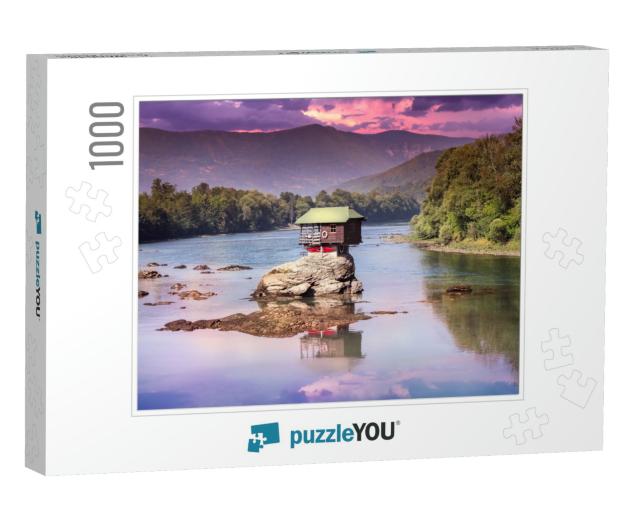 Drina House Dramatic Sunset & Reflection - Colorful Littl... Jigsaw Puzzle with 1000 pieces