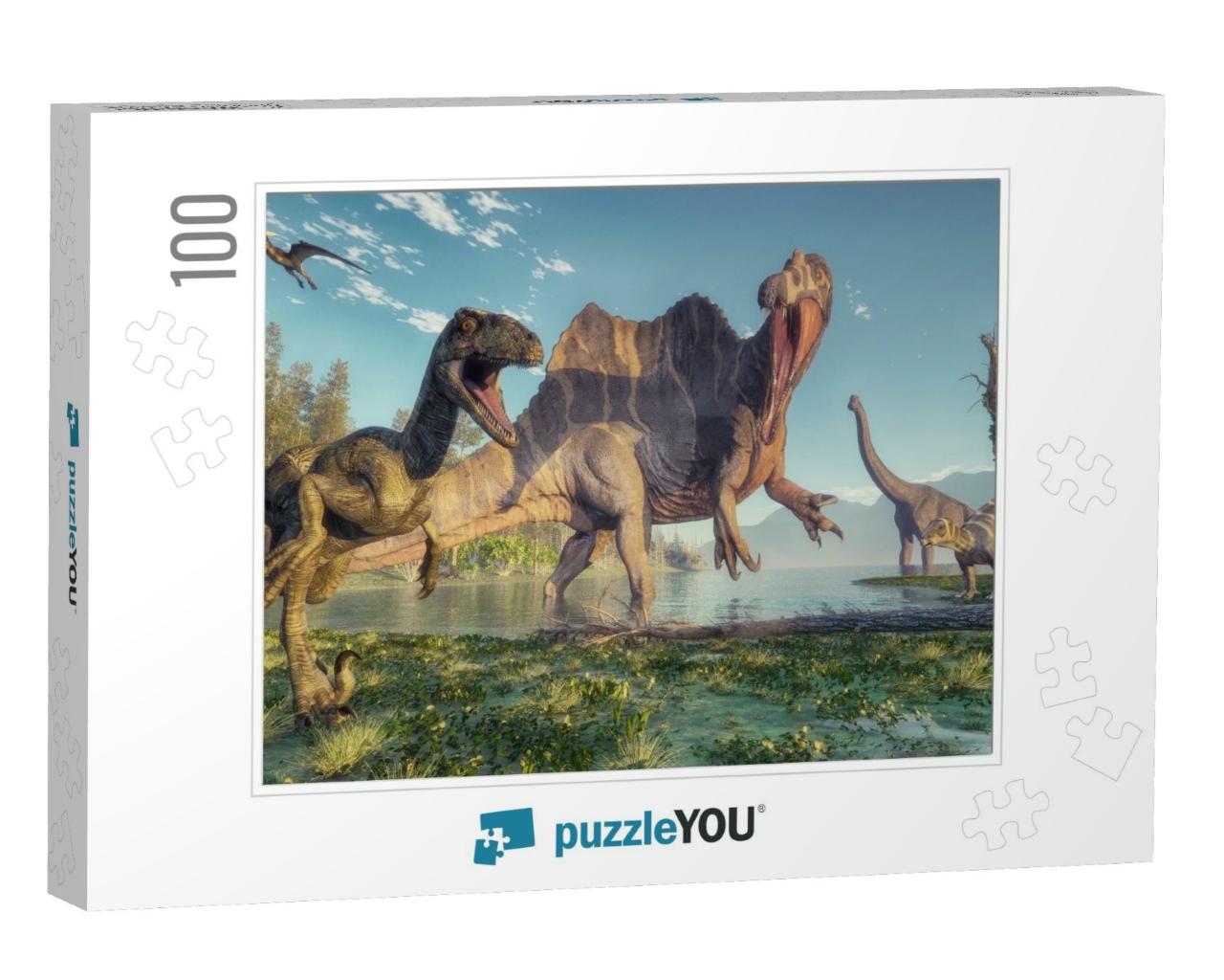 Spinosaurus & Deinonychus in the Jungle. This is a 3D Ren... Jigsaw Puzzle with 100 pieces