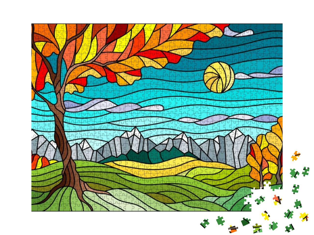 Illustration in Stained Glass Style with Autumn Landscape... Jigsaw Puzzle with 1000 pieces