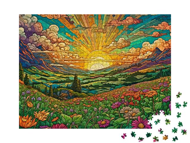Sun Sets in the Valley of Flowers Jigsaw Puzzle with 1000 pieces