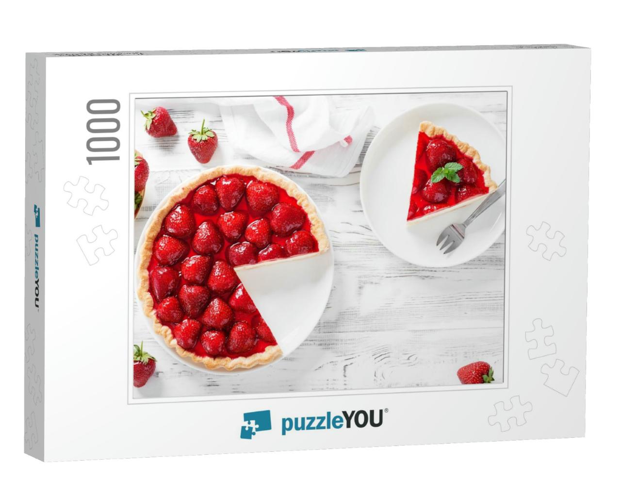 Delicious Strawberry Tart on White Wooden Background, Top... Jigsaw Puzzle with 1000 pieces