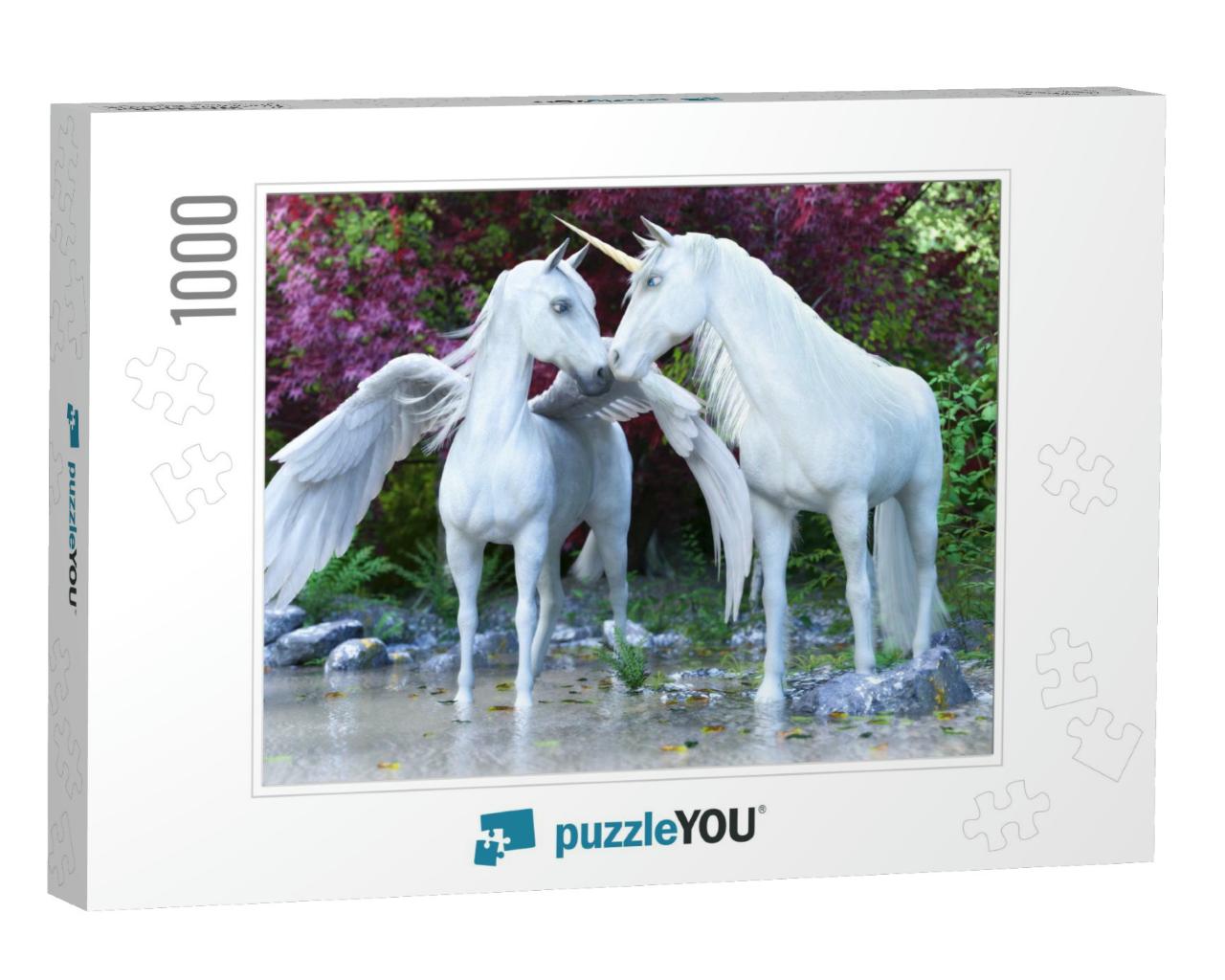 Fantasy Mythical White Unicorn & Pegasus in an Enchanted... Jigsaw Puzzle with 1000 pieces