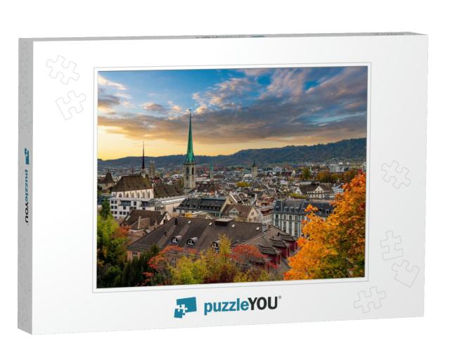 Beautiful Sunset Over Zurich in Autumn with Fraumuenster... Jigsaw Puzzle