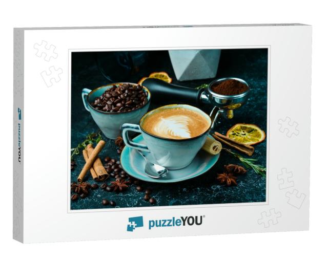 Cappuccino Coffee with Milk in a Cup. on a Black Stone Ba... Jigsaw Puzzle