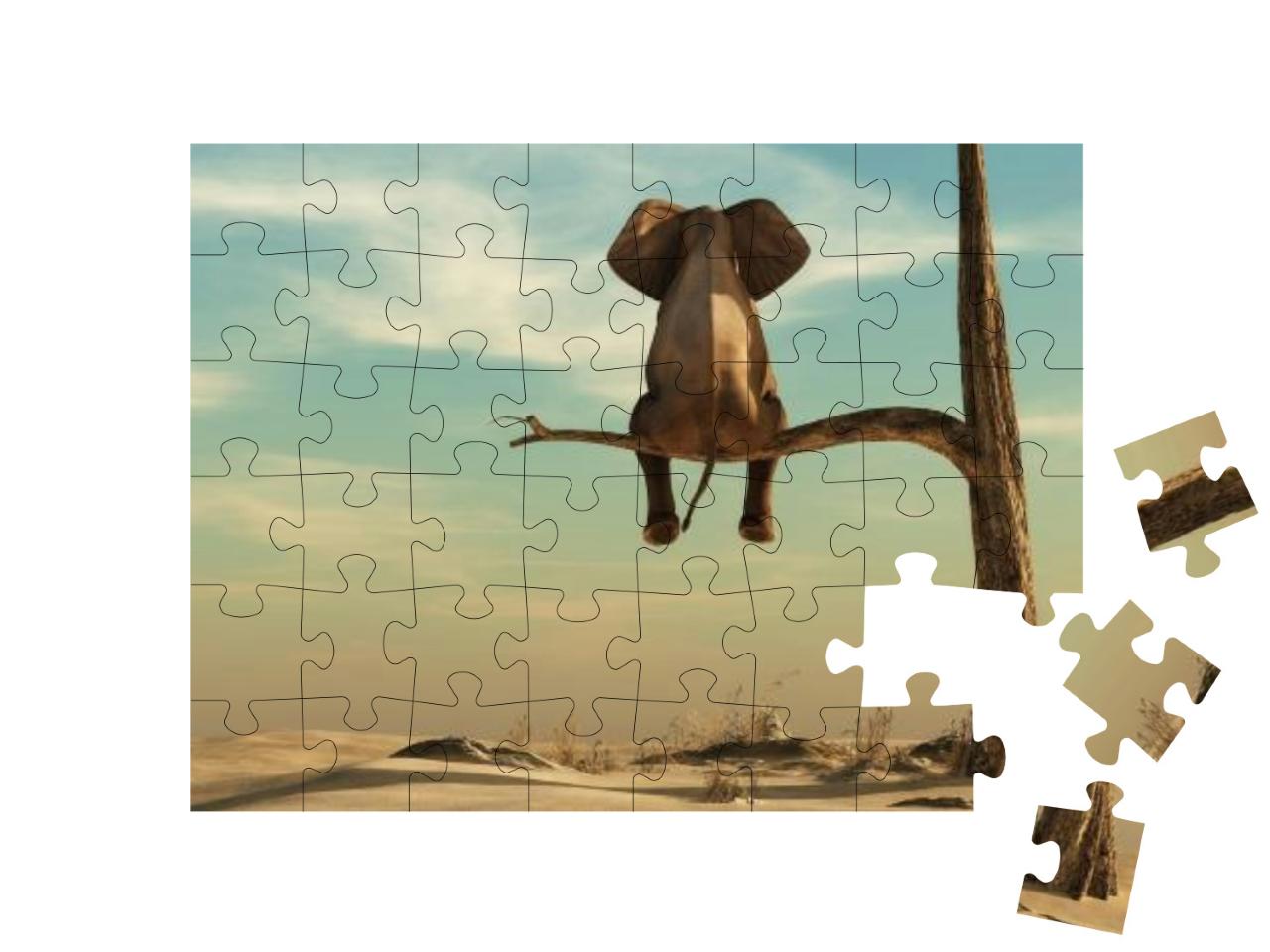 Elephant Stands on Thin Branch of Withered Tree in Surrea... Jigsaw Puzzle with 48 pieces
