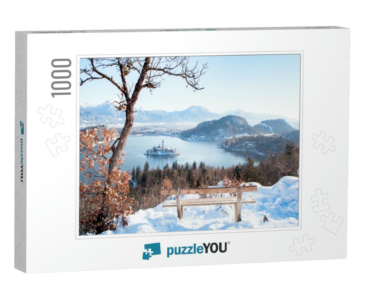 Beautiful View of Wooden Bench Overlooking Famous Lake Bl... Jigsaw Puzzle with 1000 pieces