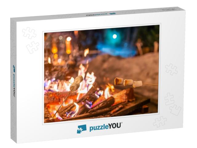 Winter Fire Pit Campfire People Roasting Marshmallows Ove... Jigsaw Puzzle