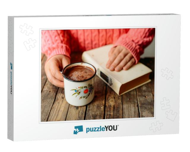 Woman Holding Cup of Hot Chocolate. Hot Chocolate in Wood... Jigsaw Puzzle