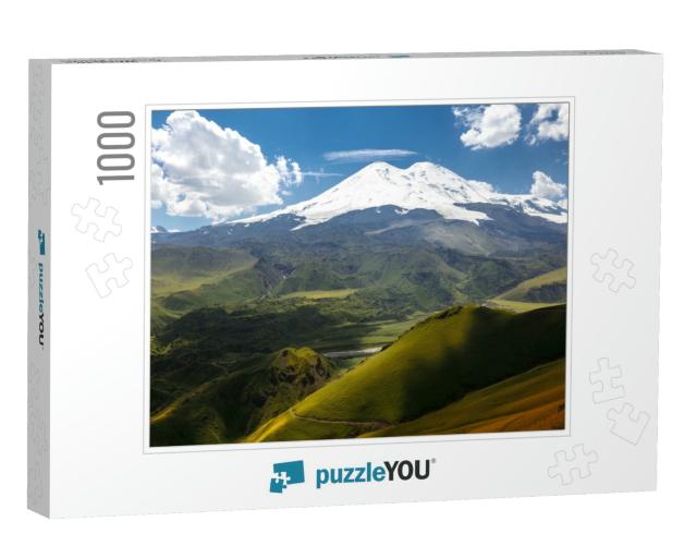 Elbrus & Green Hills At Sunny Summer Day. Elbrus Region... Jigsaw Puzzle with 1000 pieces