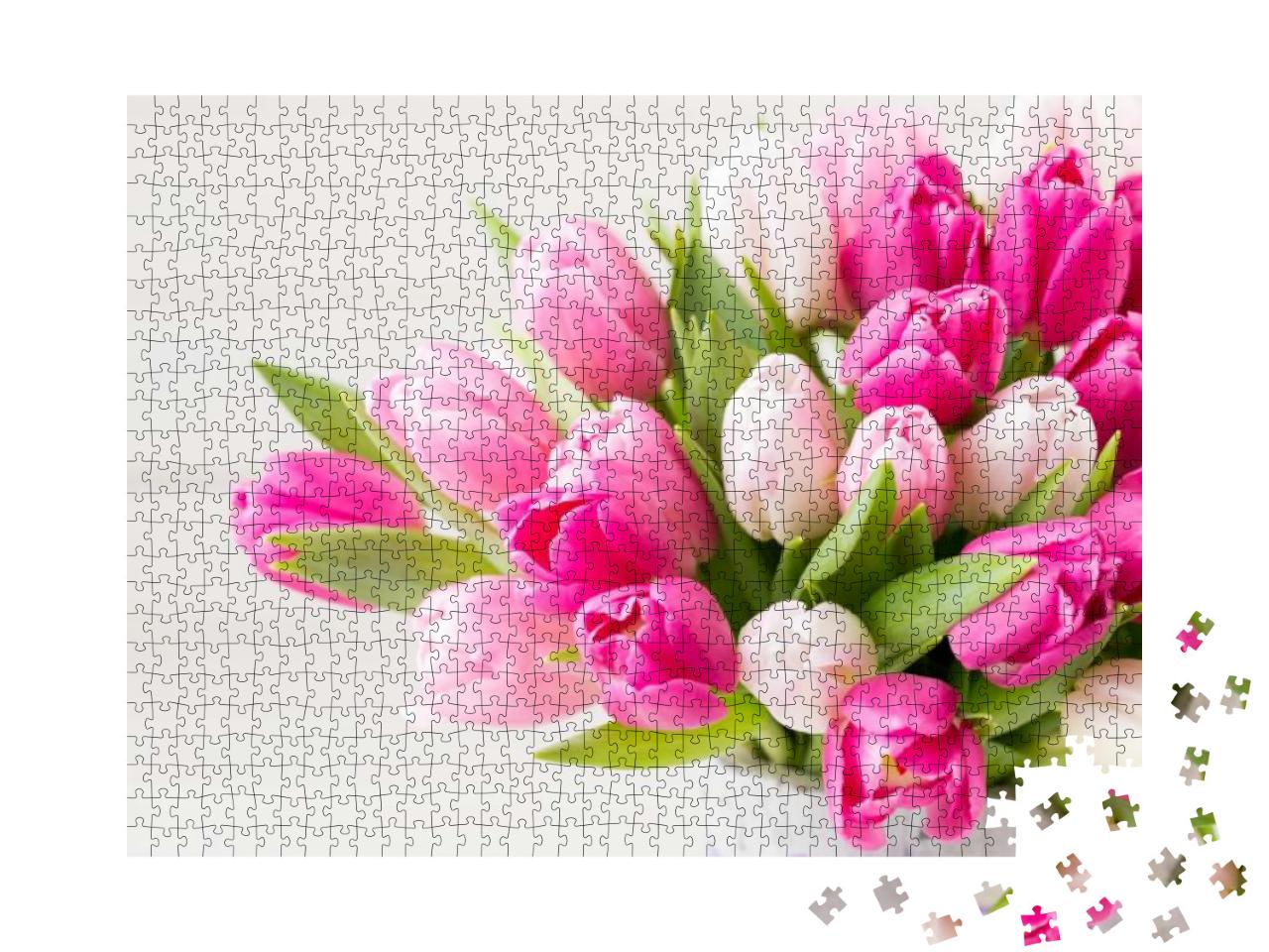 Pink Tulip on the White Background. Easter & Spring Greet... Jigsaw Puzzle with 1000 pieces