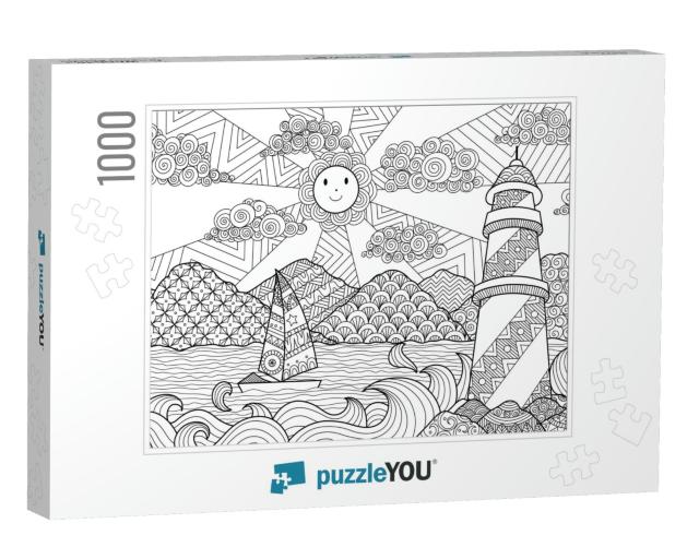 Seascape Line Art Design for Coloring Book for Adult, Ant... Jigsaw Puzzle with 1000 pieces